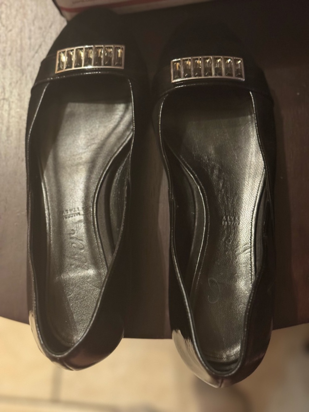 JUDITH LEIBER Size 7 B Black Suede & Patent Leather Rhinestone Flats